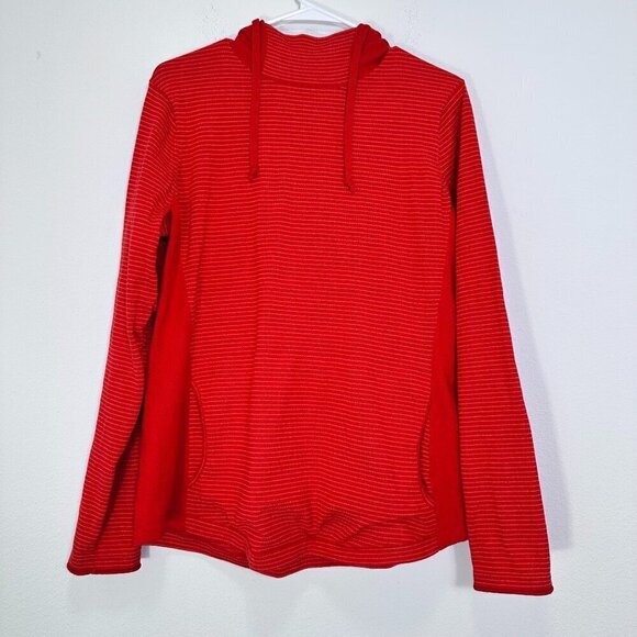 Duluth Trading Company Orange White Striped Funnel Neck Hooded Sweater Pockets L - Picture 1 of 6